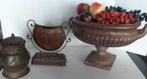 lot 193 image: Bronze Finish Dcor (Vase, Urn, and Large Footed Fruit Bowl with lots of Faux Fruit)