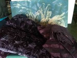 lot 214 image: Purple Painting, Curtains, and Large Satin Throw Pillows In Dark Purple&nbsp