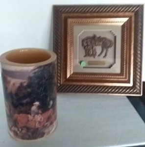 lot 224 image: Western Picture of Cowboy at the Cross and Large Western Candle Lamp