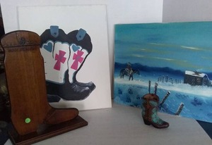 lot 234 image: Boot and Western Dcor, 2 Paintings(16x20) and more