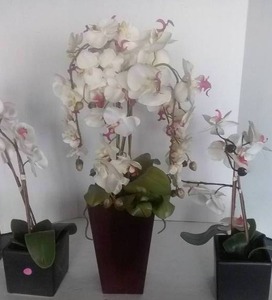 lot 157 image: Oriental Style Orchid Flowers and Vases, 3 Pc