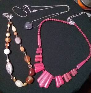 lot 250 image: Coral and Sterling, Purple Stone Heart on Gold plated Chain, and Heavy Agate Stone Necklaces.