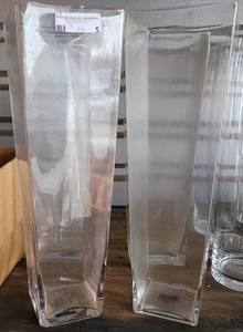 lot 5 image: LOT OF 4 LARGE SQUARED CLEAR GLASS VASES IN STYLECOLORCONDITION SHOWN. EACH 19.75 H x 6.5 DIA. (YOUR BID X 4)