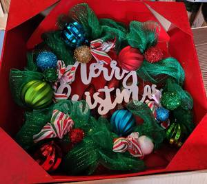 lot 13 image: LOT OF 4 NEW IN PACKAGES 24 MERRY CHRISTMAS MESH WREATHS IN STYLESCOLORS SHOWN. (YOUR BID X 4)