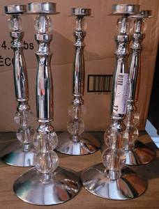 lot 17 image: LOT OF 5 CHROME TEALIGHT HOLDERS WITH CLEAR ACCENTS IN STYLECOLORCONDITION SHOWN. EACH 12 H x 4.75 W. (YOUR BID X 5)