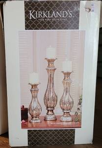 lot 27 image: KIRKLANDS SET OF THREE MERCURY GLASS CANDLE HOLDERS IN BOX AS SHOWN.