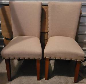 lot 39 image: LOT OF 2 UPHOLSTERED ACCENT CHAIRS WITH WOOD FRAME IN STYLECOLORCONDITION SHOWN. EACH APPROX. 38 H x 18 W x 21 D. (YOUR BID X 2)