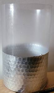 lot 70 image: LOT OF 6 GLASS HURRICANE STYLE VASES WITH SILVER ACCENT IN BOXES AS SHOWN. EACH APPROX. 9 H x 5.5 DIA. (YOUR BID X 6)