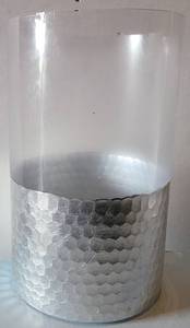 lot 71 image: LOT OF 6 GLASS HURRICANE STYLE VASES WITH SILVER ACCENT IN BOXES AS SHOWN. EACH APPROX. 9 H x 5.5 DIA. (YOUR BID X 6)