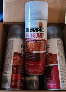 lot 89 image: LOT OF 6 NEW OLYMPIC WATERGUARD WOOD STAIN  SEALER IN ACORN BROWN COLOR AS SHOWN. (YOUR BID X 6)