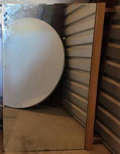 lot 97 image: HEAVY WOOD FRAME DRESSER MIRROR AS SHOWN. APPROX. 50W x 32 H.