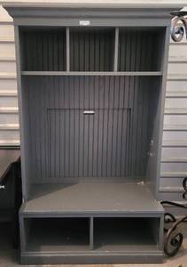 lot 108 image: WOODEN TWO-PIECE MEDIA  ENTERTAINMENT CABINET IN STYLECOLORCONDITION SHOWN. APPROX. 43 W x 24.5 D x 74 H.