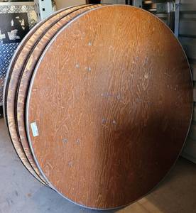 lot 117 image: LOT OF 2 48 DIAMETER ROUND WOOD TOP FOLDING TABLES AS SHOWN. (YOUR BID X 2)