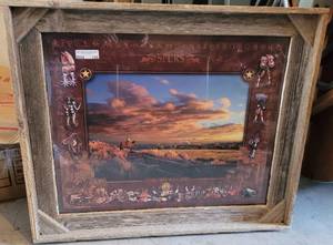 lot 126 image: IRON HORSE AT BUFFALO GAP SPURS ART WITH RUSTIC FRAME AS SHOWN. APPROX. 36 W x 29.5 H x 2.5 D.