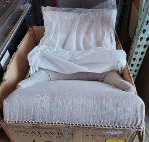 lot 140 image: LOT OF 2 NEW IN BOX SAFAVIEH FURNITURE LESTER CONTEMPORARY UPHOLSTERED DINING SIDE CHAIRS WITH BIRCH WOOD FRAMES AS SHOWN. LEGS ARE LOCATED IN ZIPPERED COMPARTMENT UNDER SEAT. (YOUR BID X 2)