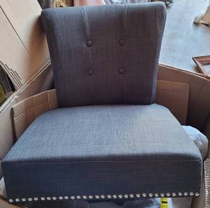 lot 141 image: LOT OF 2 NEW IN BOX SAFAVIEH FURNITURE SINCLAIR CHARCOAL UPHOLSTERED RING CHAIRS WITH WOOD FRAMES AS SHOWN. LEGS ARE LOCATED IN ZIPPERED COMPARTMENT UNDER SEAT. (YOUR BID X 2)