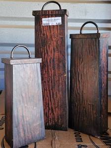 lot 146 image: LOT OF 3 METAL DECORATIVE BOXES WITH LIDS AS SHOWN. APPROX. 13 TO 19 HIGH.