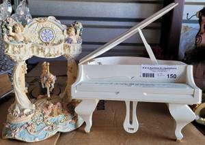 lot 150 image: MUSICAL DECORATIVE PIANO BOX AND CAROUSEL AS SHOWN.