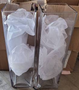 lot 238 image: LOT OF 6 SQUARED CLEAR GLASS VASES AS SHOWN. EACH APPROX. 13.75 H x 4 W. (YOUR BID X 6)