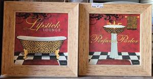 lot 270 image: LOT OF 2 BATHROOM FRAMED WALL ART IN STYLECOLORCONDITION SHOWN. EACH 16 X 16. (YOUR BID X 2)