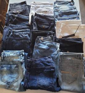 lot 342 image: LOT OF 14 PAIR OF JEANS IN ASSORTED SIZESSTYLESCOLORS AS SHOWN. SOME HAVE TAGS. (YOUR BID X 14)