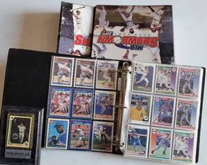 lot 343 image: LOT OF BASEBALL CARDS INCLUDING A NOLAN RYAN PLAQUE PLUS EXTRA BINDERSSHEETS AS SHOWN.