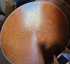 lot 347 image: LOT OF 2 WOODEN ROUND FOLDING TABLES IN STYLECOLORCONDITION SHOWN. EACH 48 IN DIAMETER. (YOUR BID X 2)