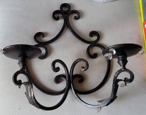 lot 393 image: WROUGHT IRON DOUBLE CANDLE HOLDER SCONCE IN STYLECOLORCONDITION SHOWN.