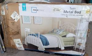lot 394 image: MAINSTAYS TWIN METAL BED IN BOX AS SHOWN. CONDITION UNKNOWN.