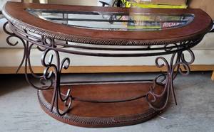 lot 395 image: ENTRY WAY  SOFA TABLE  WITH GLASS INLAY TOP IN STYLECOLORCONDITION SHOWN. APPROX. 53 W x 20.5 D x 30 H.