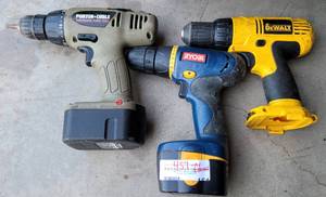 lot 451 image: LOT OF 3 ASSORTED BRAND CORDLESS DRILLS AS SHOWN. TWO WITH BATTERIES AND ONE WITHOUT. NO CHARGERS.