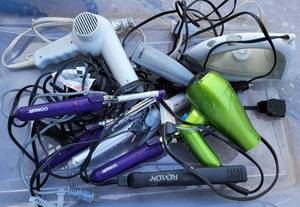 lot 461 image: LOT OF ASSORTED HAIR DRYERS, FLAT IRONS, CURLERS AND MORE AS SHOWN.