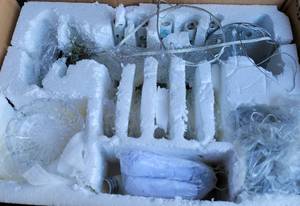 lot 476 image: GLASS WITH METAL ACCENTS DISPLAY FIXTURE IN BOX AS SHOWN.