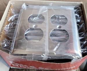lot 486 image: LOT OF 20 SMOOTH 302SS METAL WALL PLATE 2 GANG DUPLEX IN PACKAGES AS SHOWN. (YOUR BID X 20)