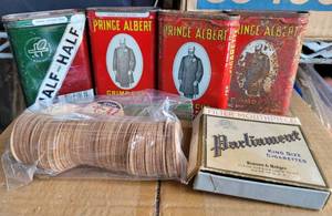 lot 496 image: VINTAGE TOBACCO TIN CANS AND MORE AS SHOWN.