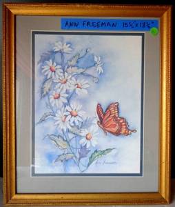 lot 11 image: Ava Freeman Butterfly and Daisys Art Print Framed Matted - UNDER GLASS 15 12 X 18 12 - $$