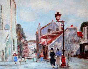 lot 14 image: VINTAGE OIL PAINTING OF STREERT SEEN - ANTIQUE WOOD FRAME - MEASURES 14 X 16