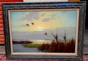 lot 15 image: VINTAGE DUCKS OVER A MARSH- SIGNED G V D VELDE (GIEN BROUWER) - MEASURES 37 X 45 - ($$$$)