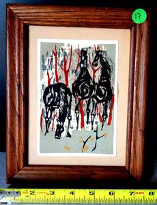 lot 17 image: CUSTOM LINOLEUM BLOCK PRINT - ORIGINAL HORSE TRIO - FRAMED ($$$)