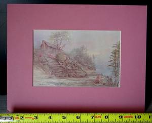 lot 19 image: Hand Signed Cabin on A Hill by renowned artist PATSY HAMPTON - measures 8 12 x 11 matted and ready to frame. ($$)