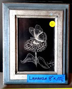 lot 22 image: VINTAGE LUWANDA HAND ETCHED BUTTERFLY DRAWING - SIGNED 1978 IN PRETTY WOOD FRAME - MEASURES 8 X 10 12