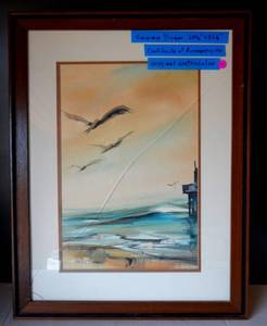 lot 27 image: DONT MISS - RARE ORIGINAL VIRGINIA DICKEN WATERCOLOR AT THE END OF THE PIER 1977 WITH CERTIFICATE OF AUTHENTICITY ($$$$$)