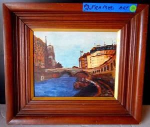 lot 29 image: UNSIGNED ORIGINAL OIL PAINTING IN VINTAGE WOOD FRAME - FRENCH RIVER SCENE 14 12 X 16 12