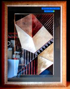 lot 35 image: LARGE ABSTRACT WALL ART UNDER GLASS IN NICE WOOD FRAME - MEASURES 32 X 42 - FROM A TEAXS BANK LOBBY