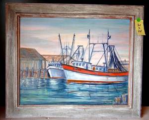 lot 47 image: PAT PIERCE HAND SIGNED ORIGINAL OIL PAINTING OF FISHING BOATS ANN & SUGAR IN VINTAGE WOOD FRAME - MEASURES 21 X 24