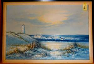 lot 49 image: LOVELY SEASIDE PRINT WITH LIGHTHOUSE SIGNED BY TAYLOR - WOOD FRAME 27 X 39 READY TO HANG
