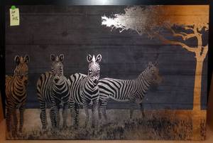 lot 50 image: UNIQUE SILSCREEN OF ZEBRAS IN THE WILD. FINISH REFLECTS LIGH FOR DIFFERENT LOOKS - MEASURES 24 X 35 12 ($$$)