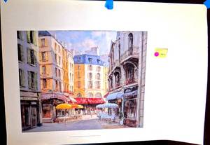 lot 103 image: LES PARASOLES JAUNES by GEORGE BATES - VILLAGE YELLOW UMBRELLA CANVAS - 17 X 21 ($$$$)