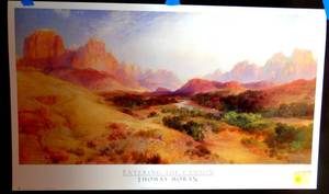 lot 121 image: ENTERING THE CANYON BY THOMAS MORAN - MEASURES 20 X 34 ($$)