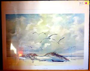 lot 129 image: Carolyn Blish Flying In 1968 framed Seagulls Ocean Seascape print 28 X 40 ($$$$)